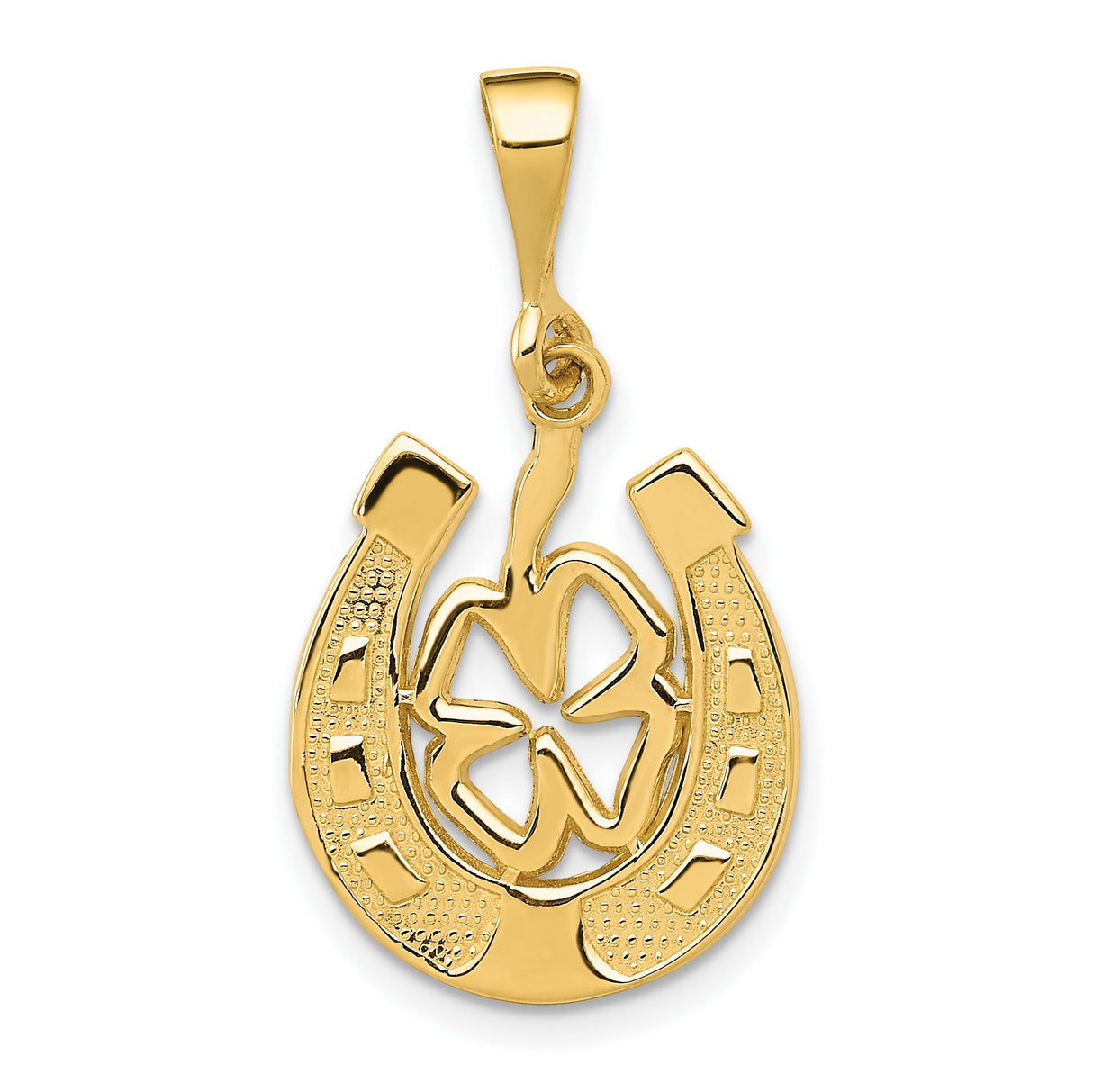 10k Yellow Gold Pendant with Horseshoe and Four-Leaf Clover Design, Celtic Lucky Charm