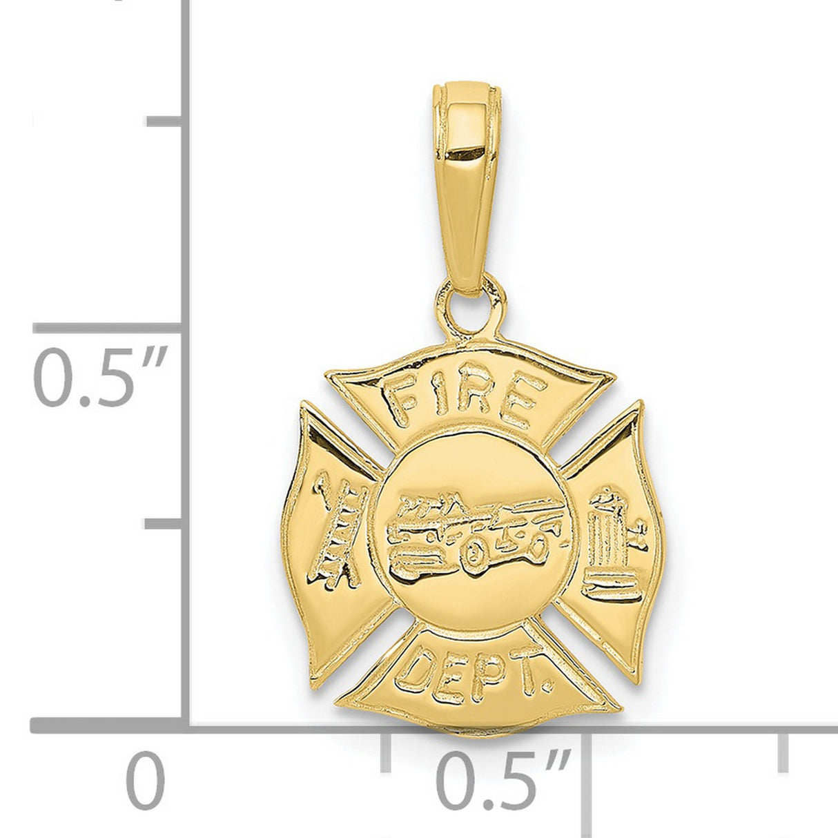 10k Yellow Gold Firefighter Pendant, Maltese Cross with Fire Truck and Hydrant Symbols, Mens Charm