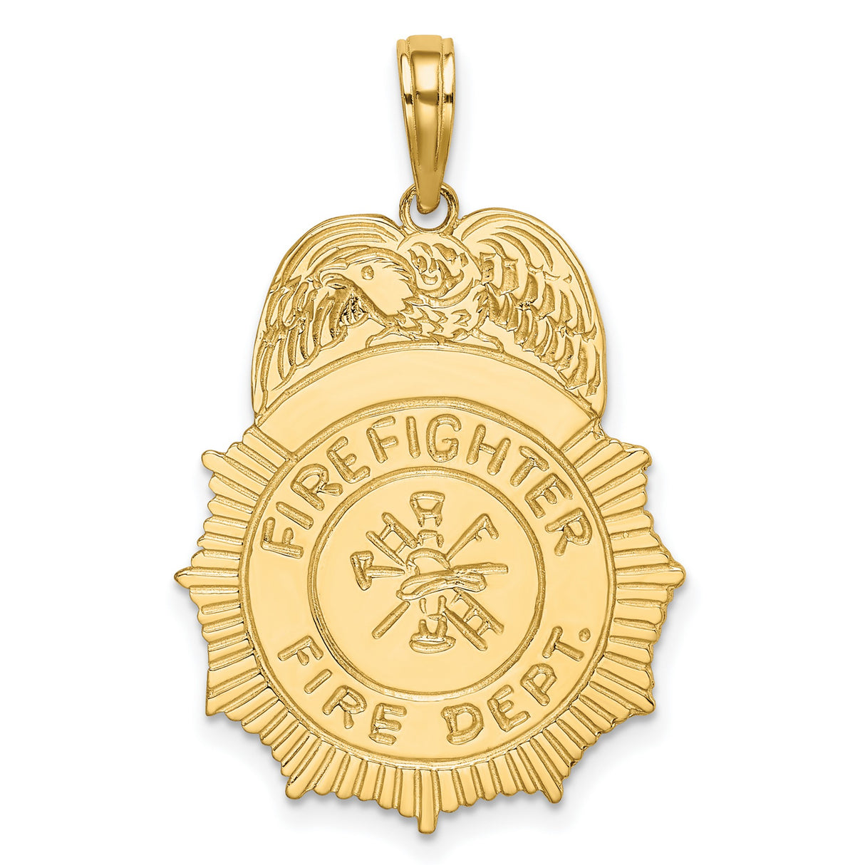 10k Yellow Gold Firefighter Badge Pendant with Eagle, Axes, Ladder, and Helmet