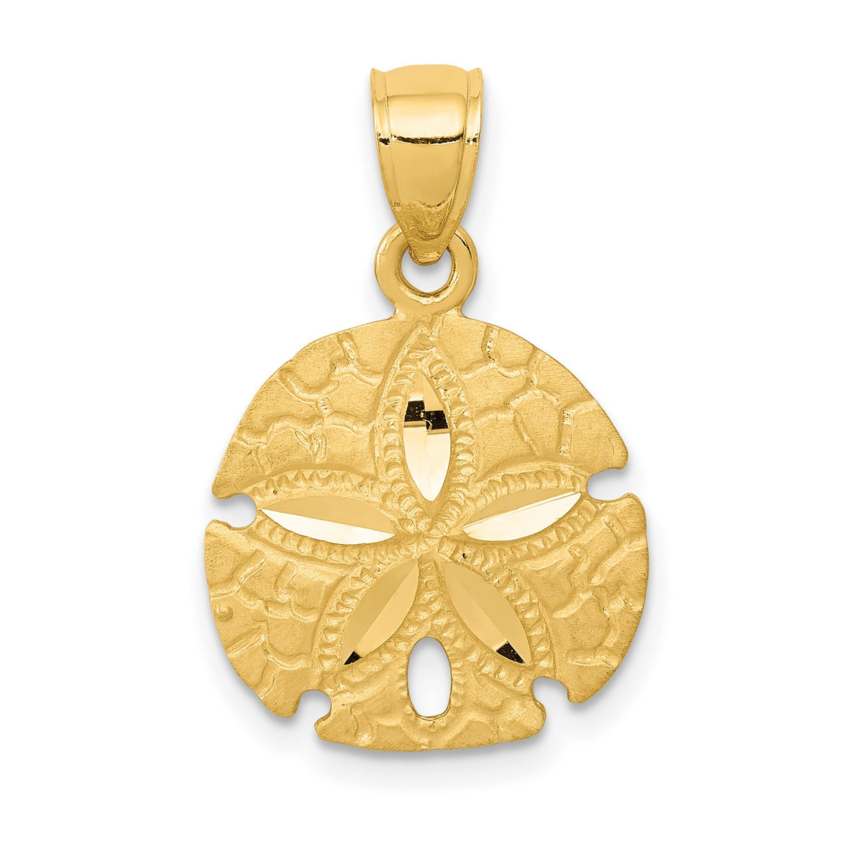 10k Yellow Gold Sand Dollar Pendant with Cutout Star, Textured Beach Nautical Style