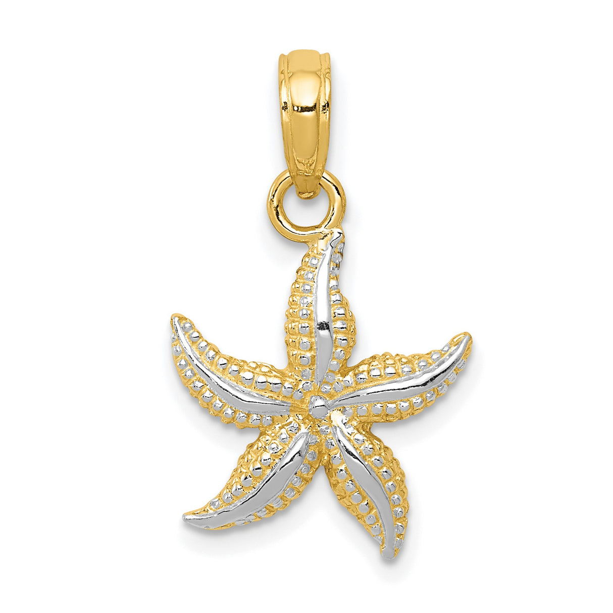 10k Multi-Tone Gold Starfish Pendant with Rhodium Finish, Nautical Ocean Theme for Women