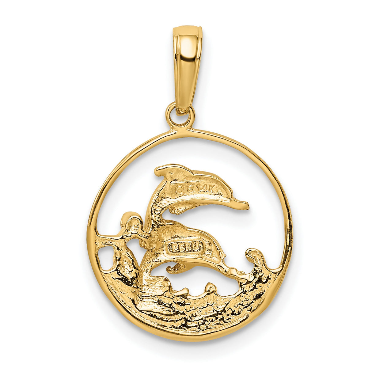 10k Yellow Gold Dolphin Pendant with Double Dolphins and Ocean Wave Circle Design