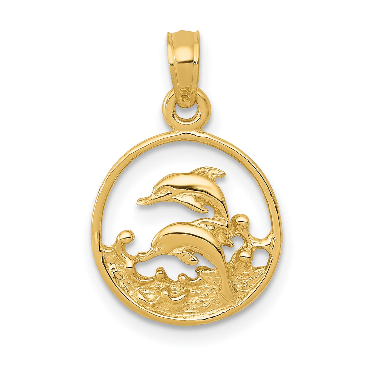 10k Yellow Gold Dolphin Pendant with Double Dolphins and Ocean Wave Circle Design