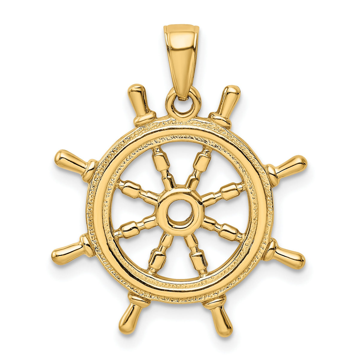 10k Yellow Gold Ship Wheel Pendant, Nautical Helm Charm for Men or Unisex