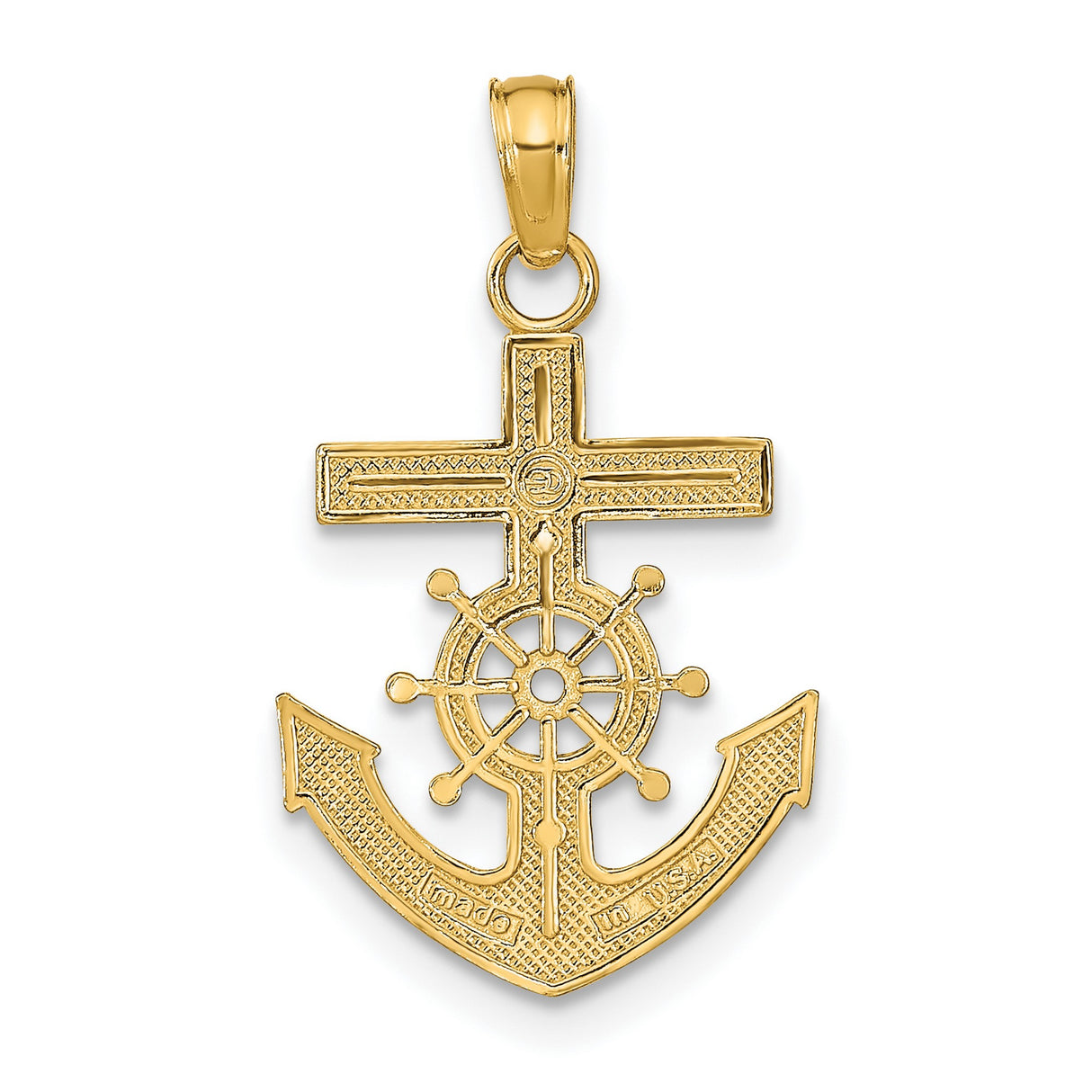 10k Yellow Gold Anchor and Ship Wheel Pendant, Nautical Maritime Symbol for Men or Unisex
