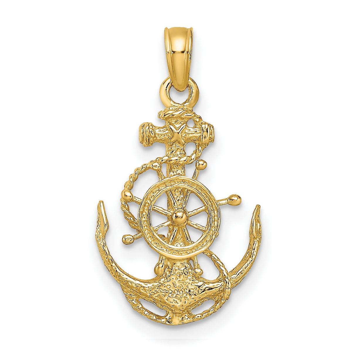 10k Yellow Gold Anchor Pendant with Ship Wheel, Cross, and Rope Design for Men