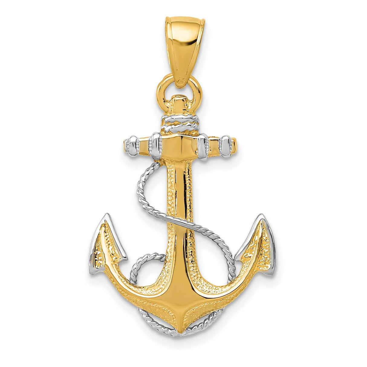 10k Multi-Tone Gold Anchor Pendant with Rope Detailing, Rhodium Plated, Nautical Christian Jewelry