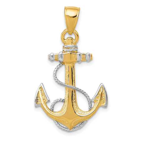 10k Multi-Tone Gold Anchor Pendant with Rope Detailing, Rhodium Plated, Nautical Christian Jewelry