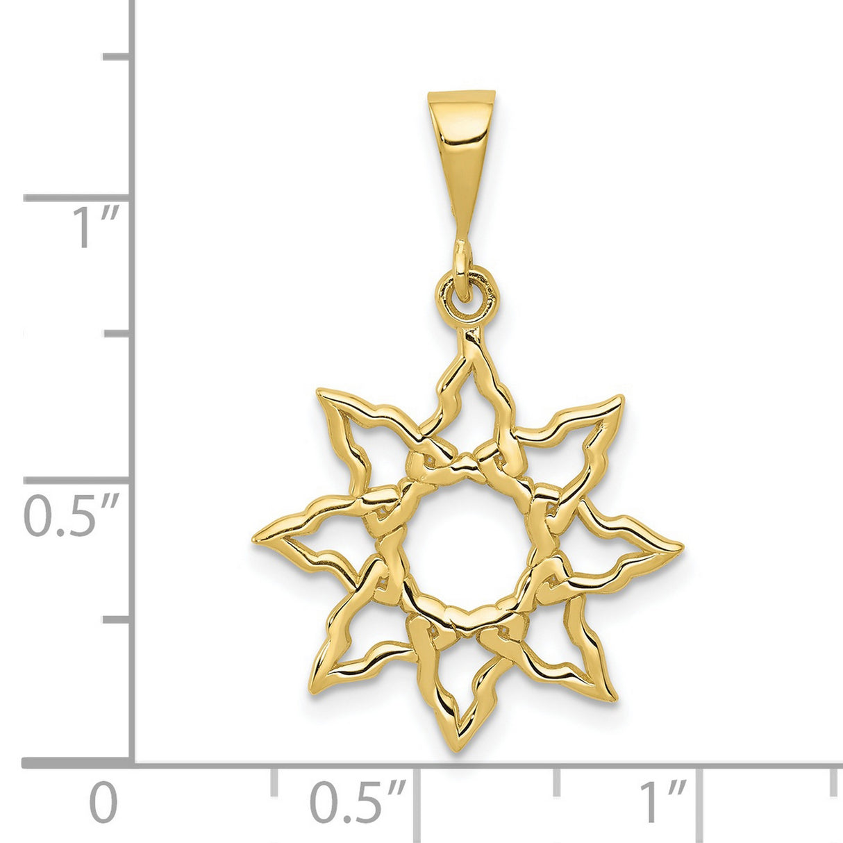 10k Yellow Gold Sunburst Pendant with Openwork Rays, Abstract Flame Medallion, Boho Spiritual Charm