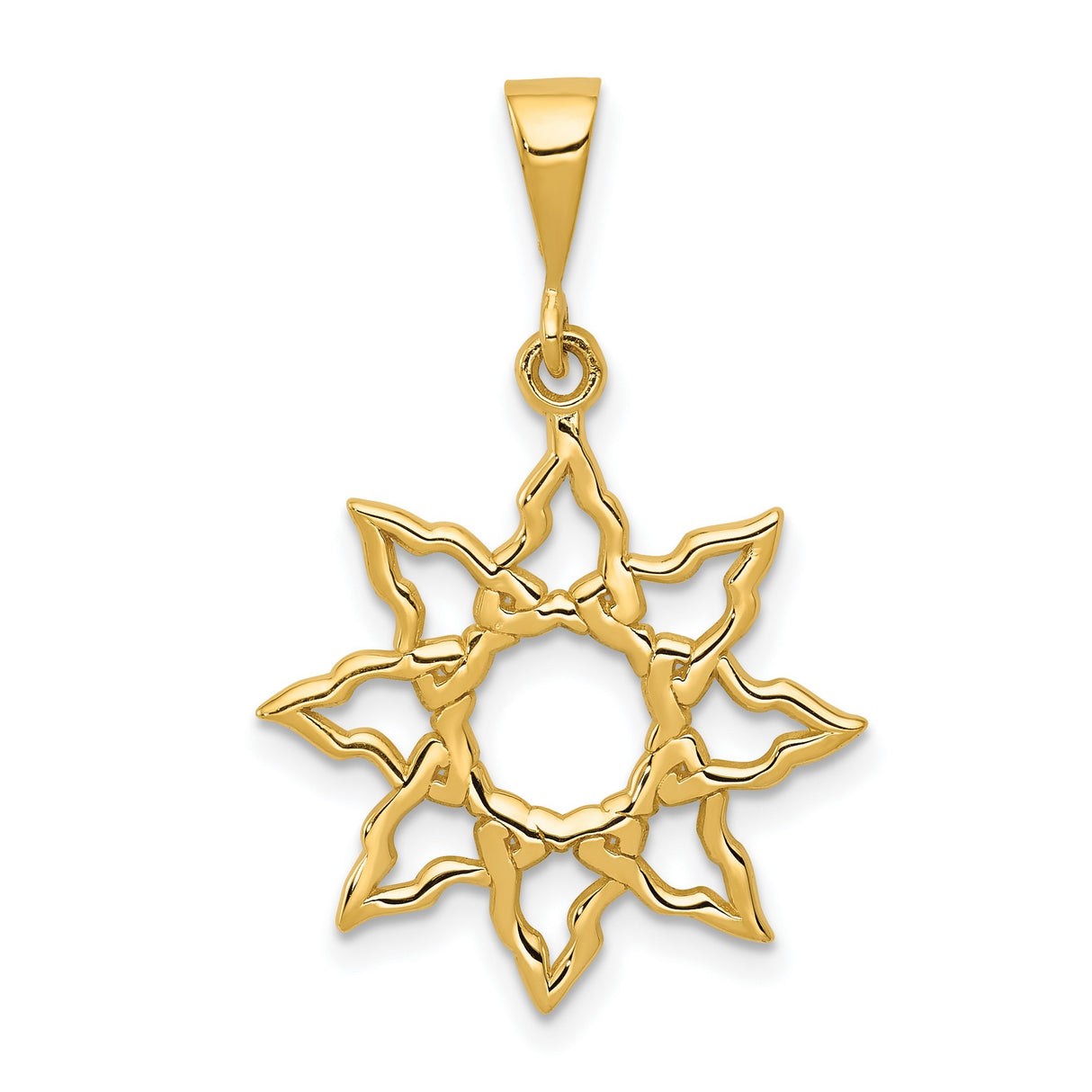 10k Yellow Gold Sunburst Pendant with Openwork Rays, Abstract Flame Medallion, Boho Spiritual Charm