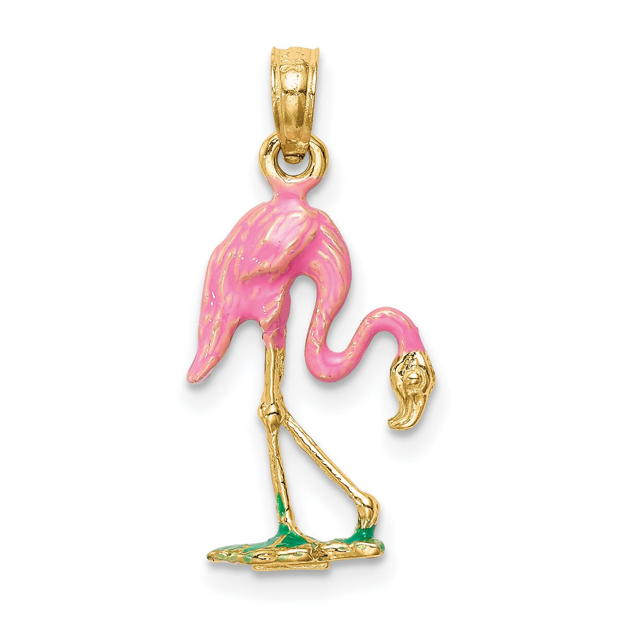 10k Yellow Gold Flamingo Pendant with Pink and Green Enamel, Tropical Bird Charm