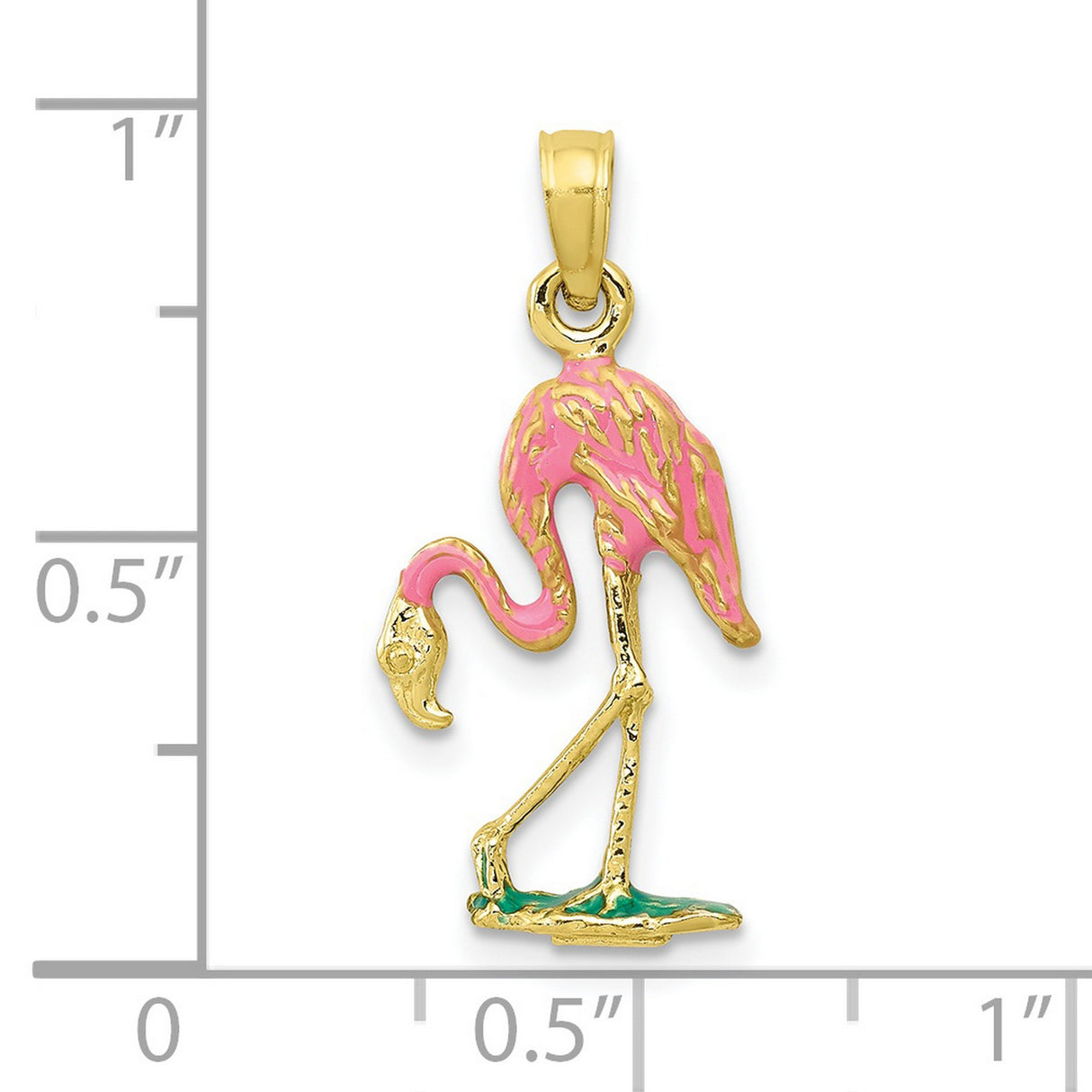 10k Yellow Gold Flamingo Pendant with Pink and Green Enamel, Tropical Bird Charm