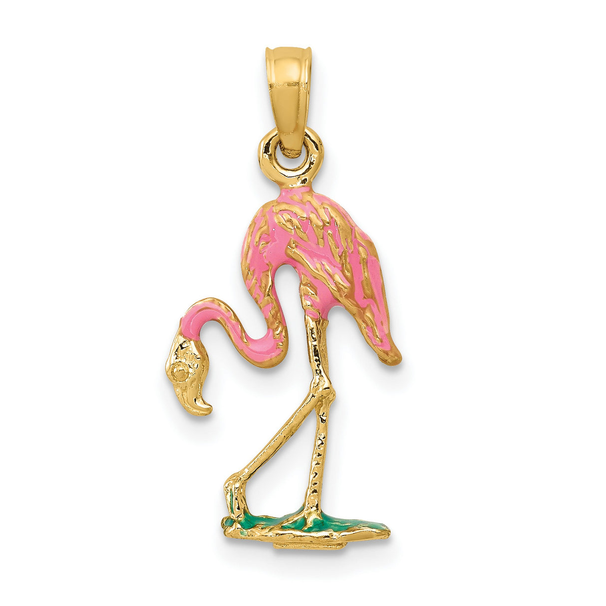 10k Yellow Gold Flamingo Pendant with Pink and Green Enamel, Tropical Bird Charm