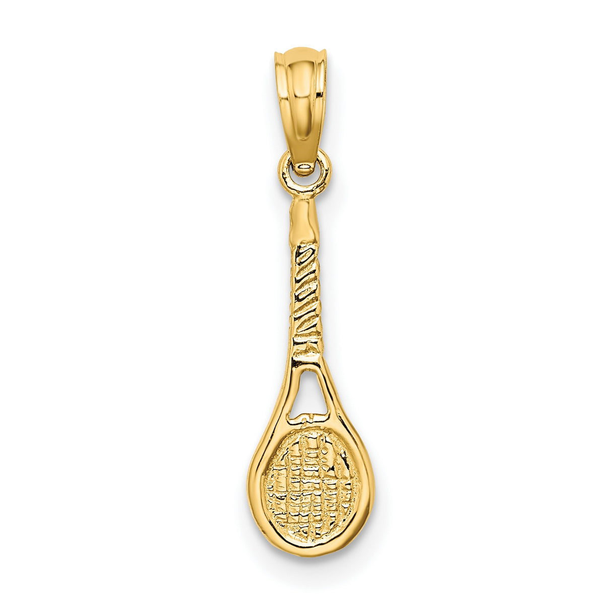 10k Yellow Gold Tennis Racket Pendant with Detailed String Design for Women or Unisex Wear