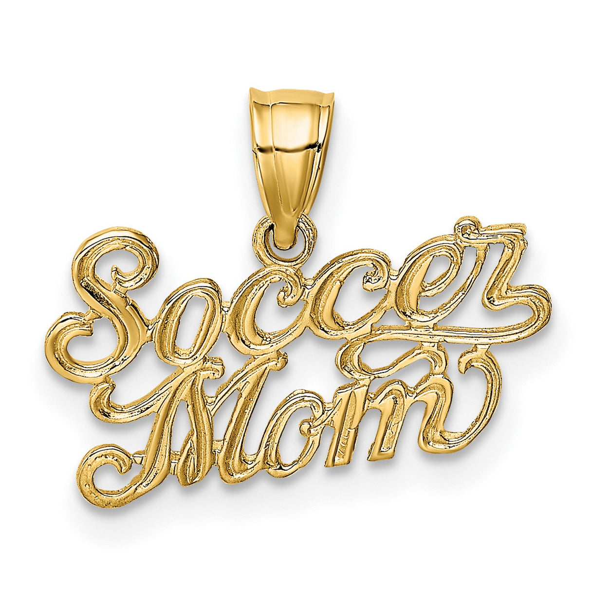10k Yellow Gold Soccer Mom Pendant, Script Lettering Charm, Sports Theme Jewelry for Women