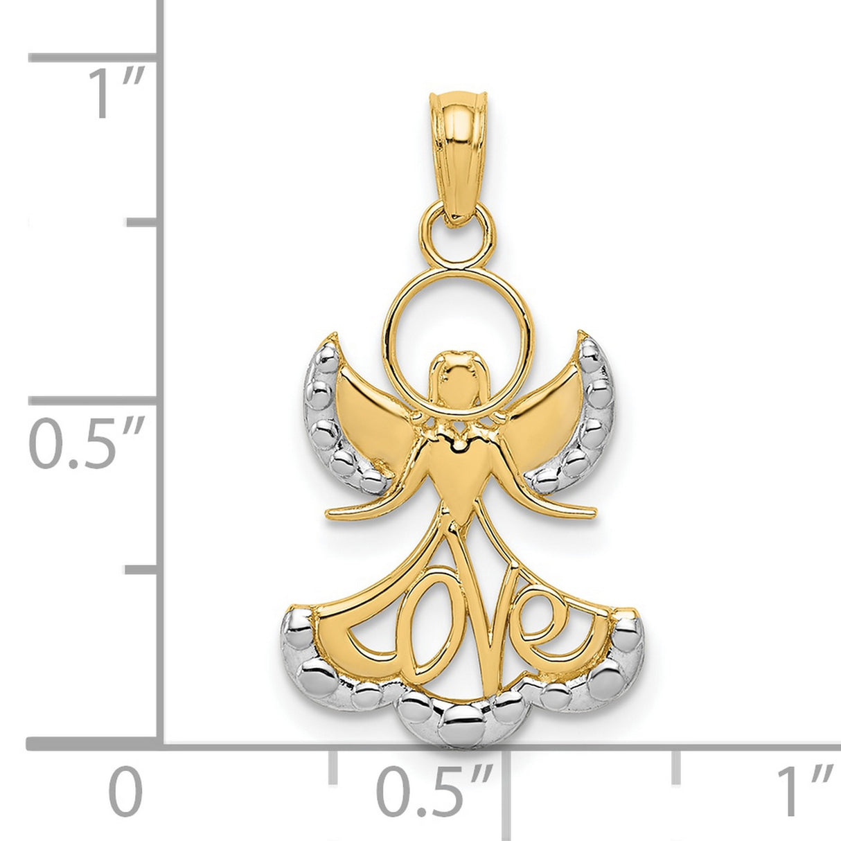 10k Yellow Gold and Rhodium Angel Pendant with Love Skirt Design, Religious Charm for Women