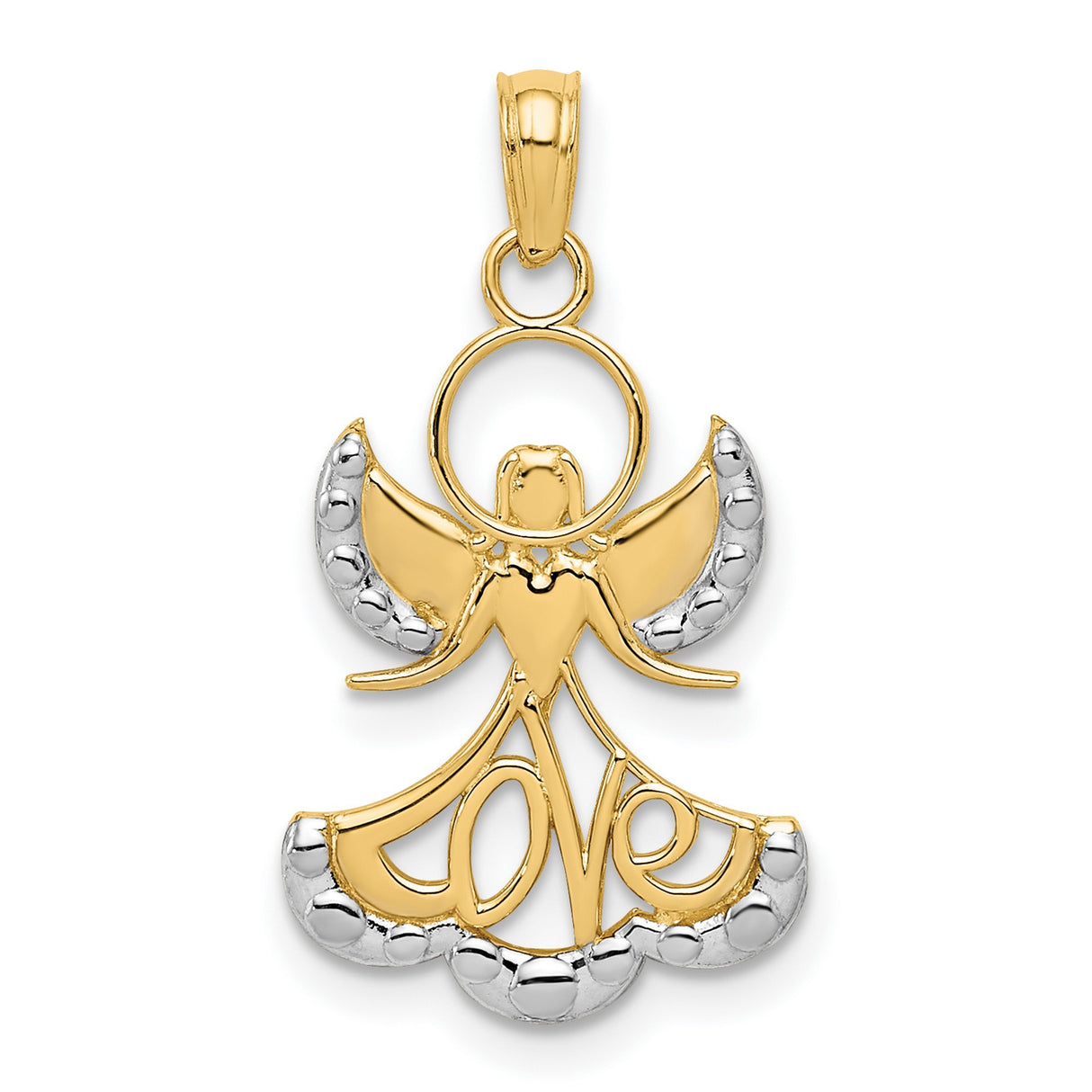 10k Yellow Gold and Rhodium Angel Pendant with Love Skirt Design, Religious Charm for Women