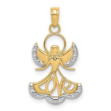 10k Yellow Gold and Rhodium Angel Pendant with Love Skirt Design, Religious Charm for Women