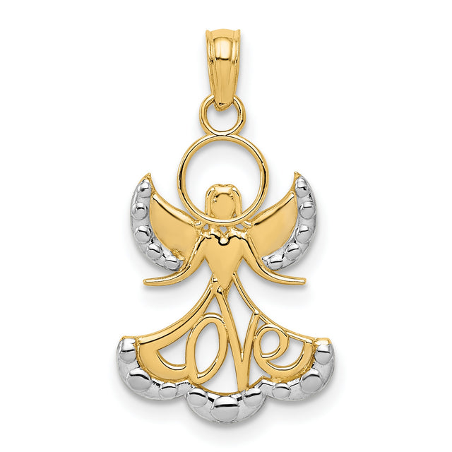 10k Yellow Gold and Rhodium Angel Pendant with Love Skirt Design, Religious Charm for Women