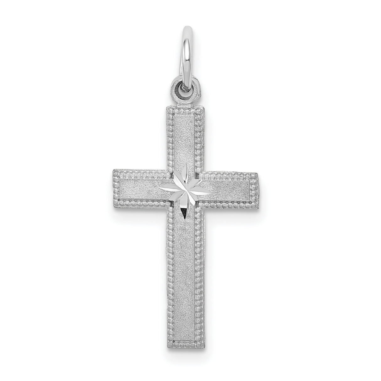 10k White Gold Cross Pendant with Starburst Center and Milgrain Edge