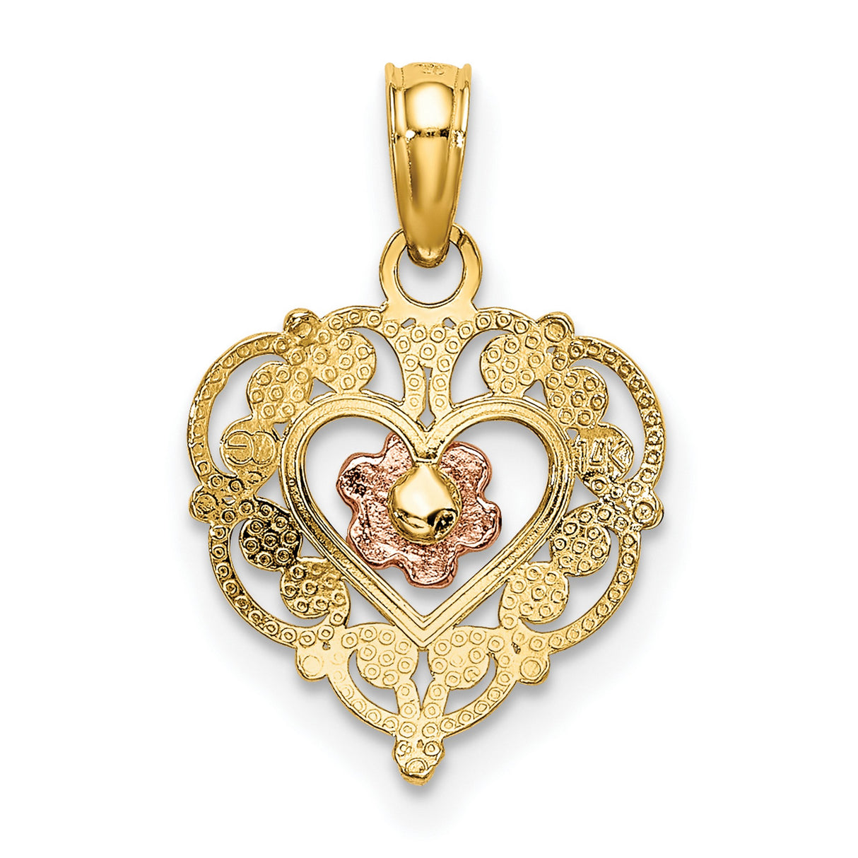 10k Two-Tone Gold Heart Pendant with Filigree Design and Rose Gold Flower Center