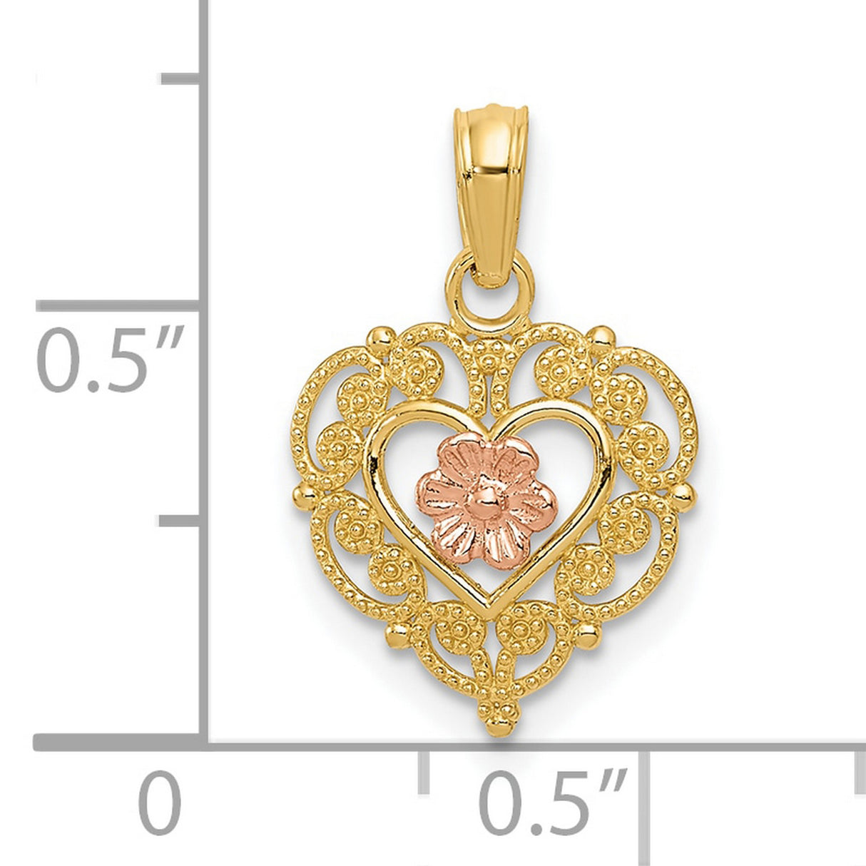 10k Two-Tone Gold Heart Pendant with Filigree Design and Rose Gold Flower Center