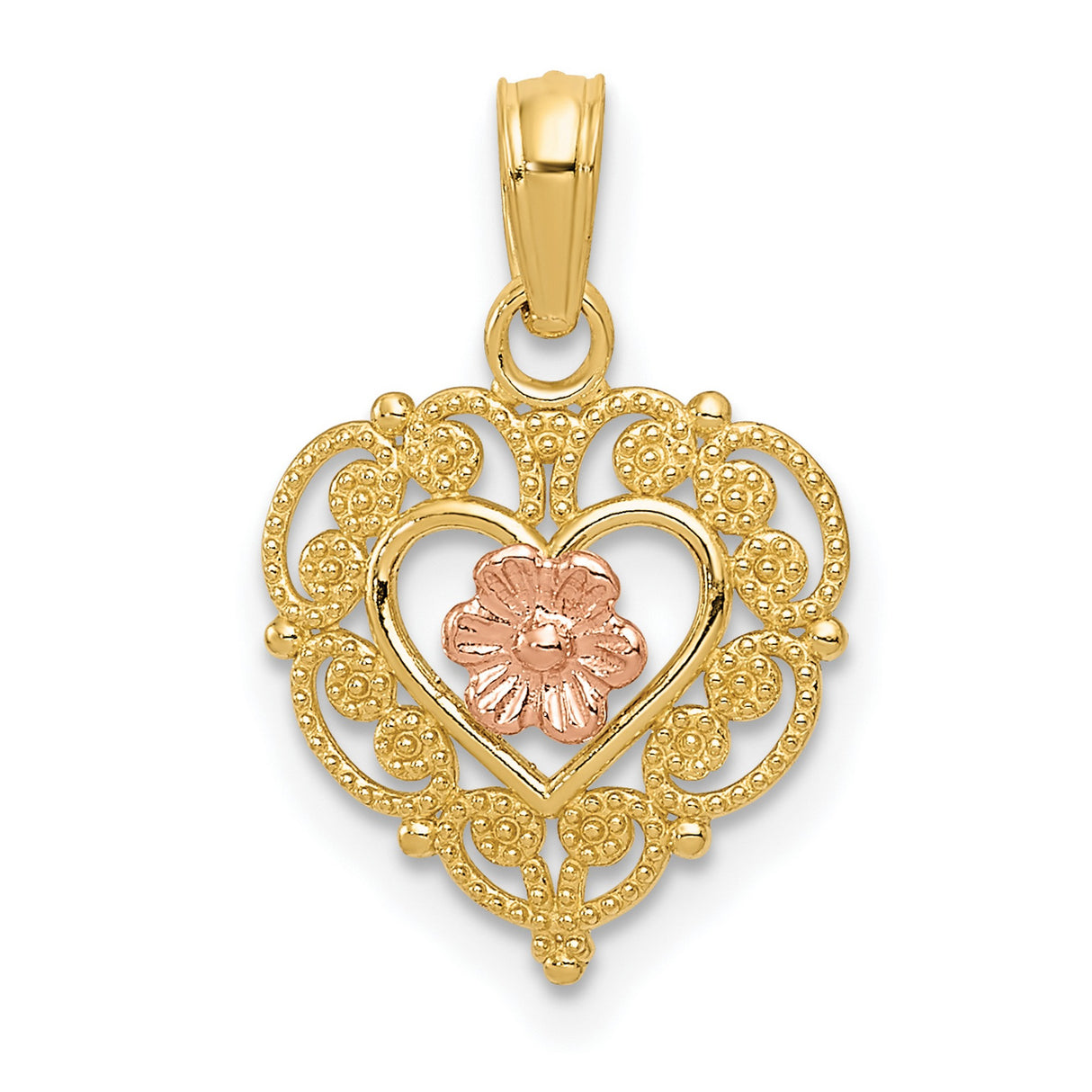 10k Two-Tone Gold Heart Pendant with Filigree Design and Rose Gold Flower Center