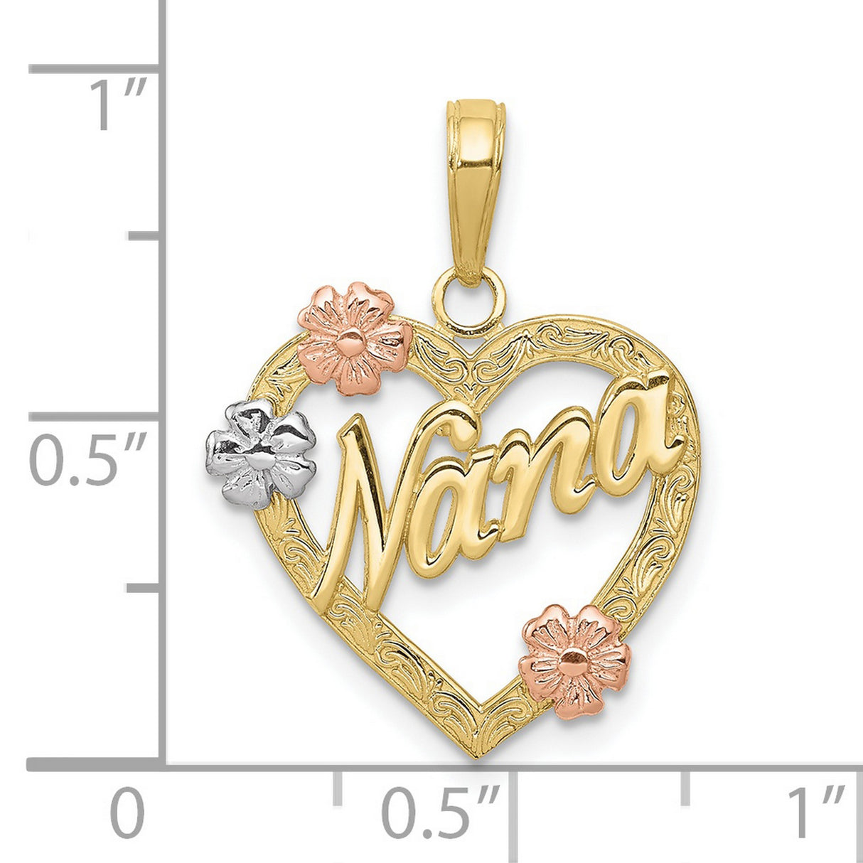 10k Tri-Color Gold Heart Pendant with Floral Accents, Nana Charm for Women
