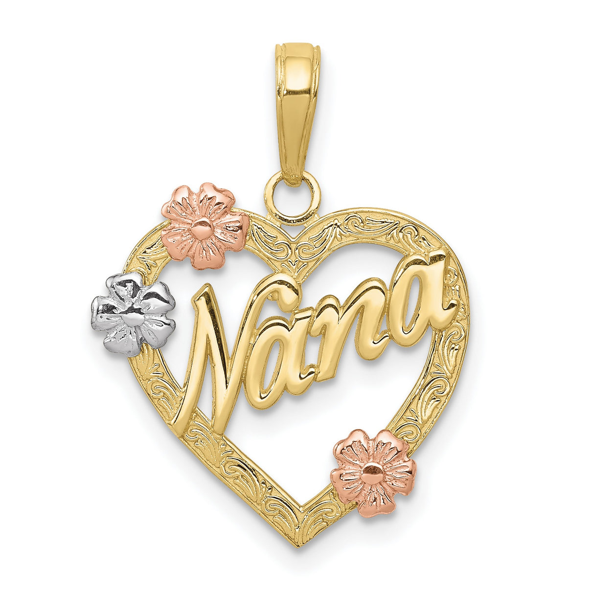 10k Tri-Color Gold Heart Pendant with Floral Accents, Nana Charm for Women