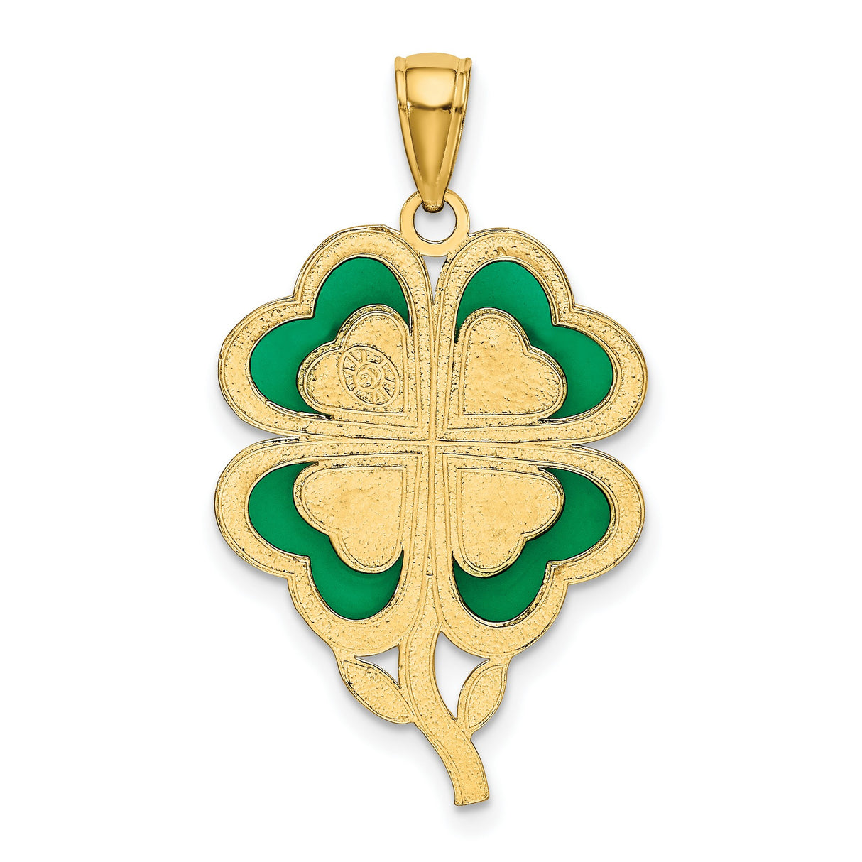10k Yellow Gold Four-Leaf Clover Pendant with Green Enamel Heart Leaves, Irish Celtic Charm