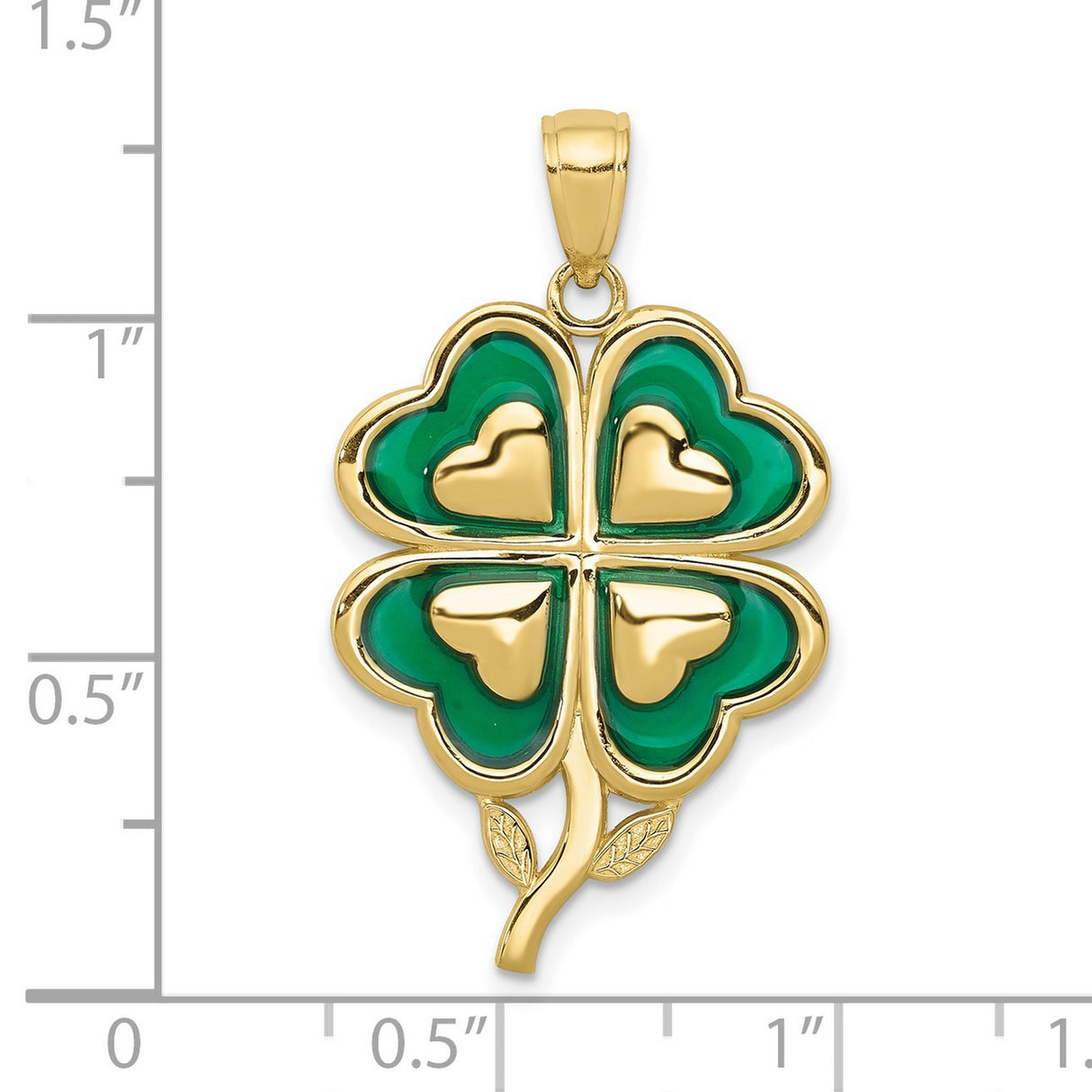 10k Yellow Gold Four-Leaf Clover Pendant with Green Enamel Heart Leaves, Irish Celtic Charm