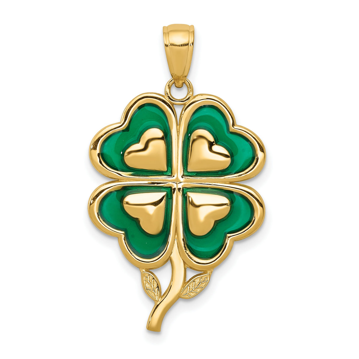 10k Yellow Gold Four-Leaf Clover Pendant with Green Enamel Heart Leaves, Irish Celtic Charm