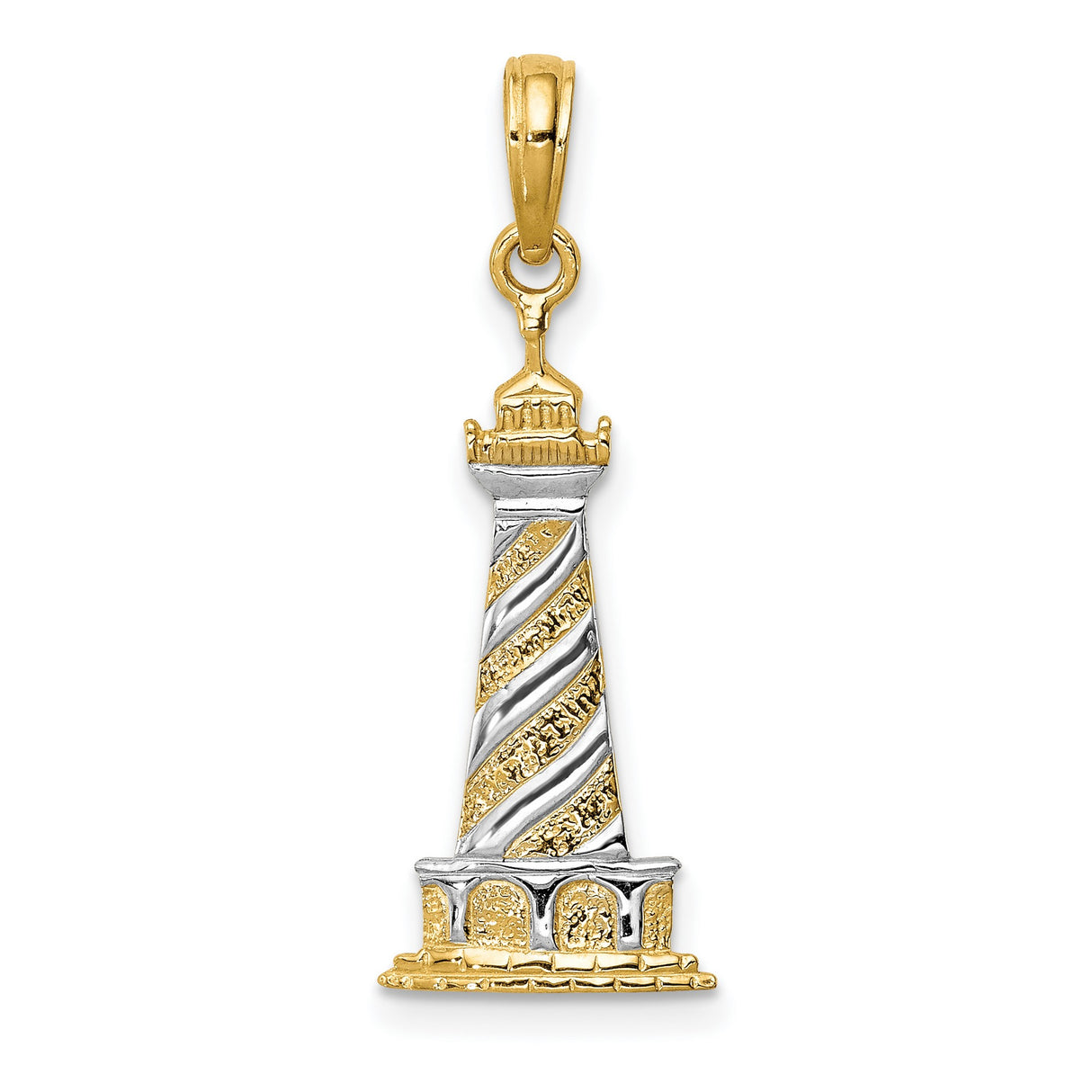 10k Multi-Tone Gold Lighthouse Pendant with Rhodium Detail, Nautical Spiral Design