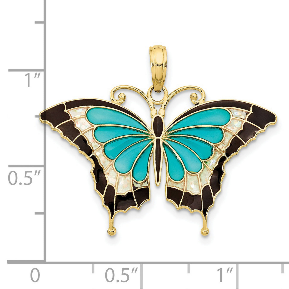 10k Yellow Gold Butterfly Pendant with Turquoise, Black, and Opalescent Enamel Accents