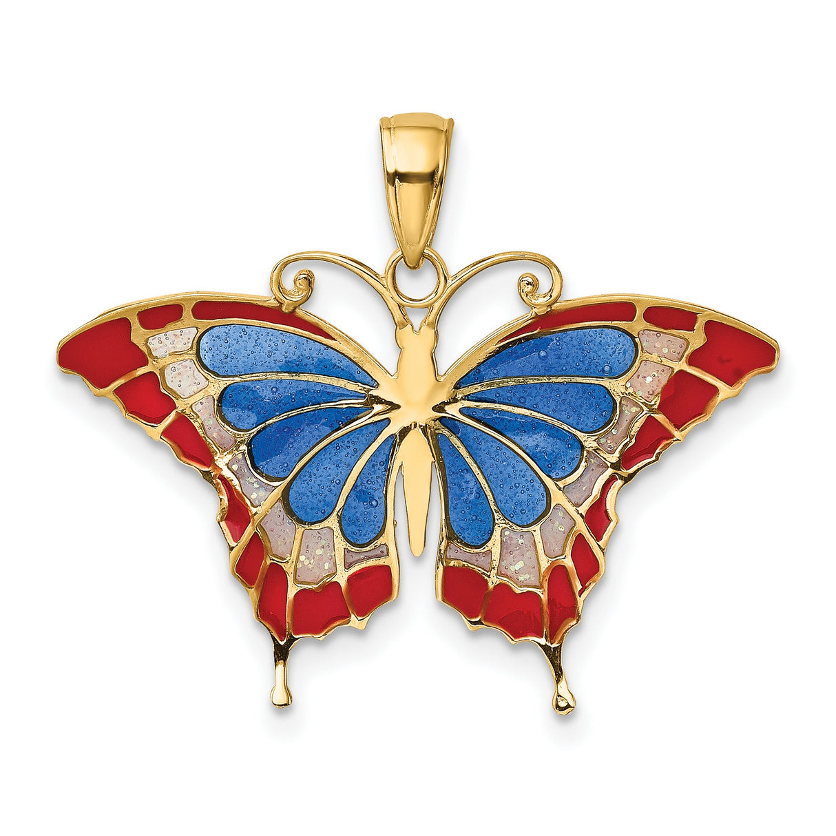 10k Yellow Gold Butterfly Pendant with Blue, Pink, and Opalescent Enamel Wings