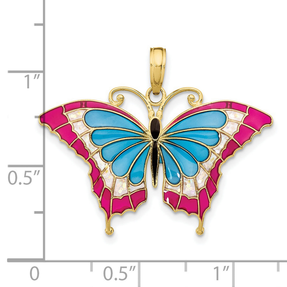 10k Yellow Gold Butterfly Pendant with Blue, Pink, and Opalescent Enamel Wings