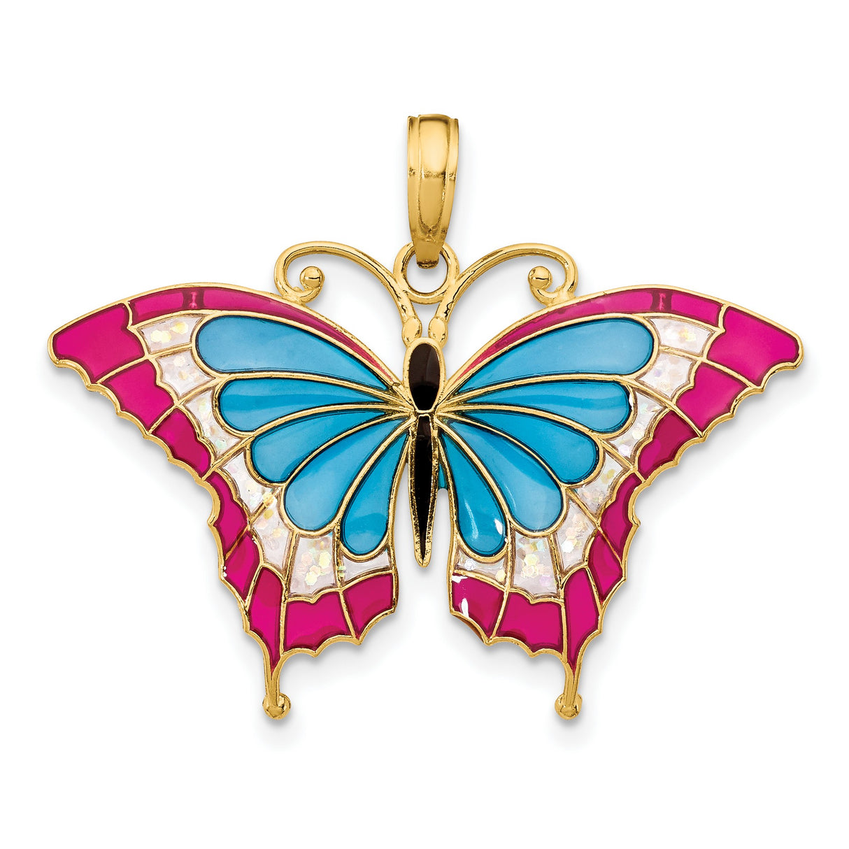 10k Yellow Gold Butterfly Pendant with Blue, Pink, and Opalescent Enamel Wings