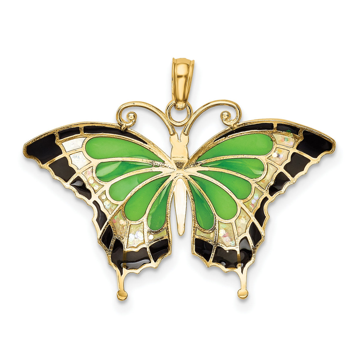 10k Yellow Gold Butterfly Pendant with Green, Black, and Iridescent Enamel Accents