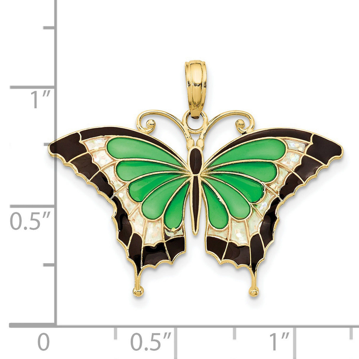 10k Yellow Gold Butterfly Pendant with Green, Black, and Iridescent Enamel Accents