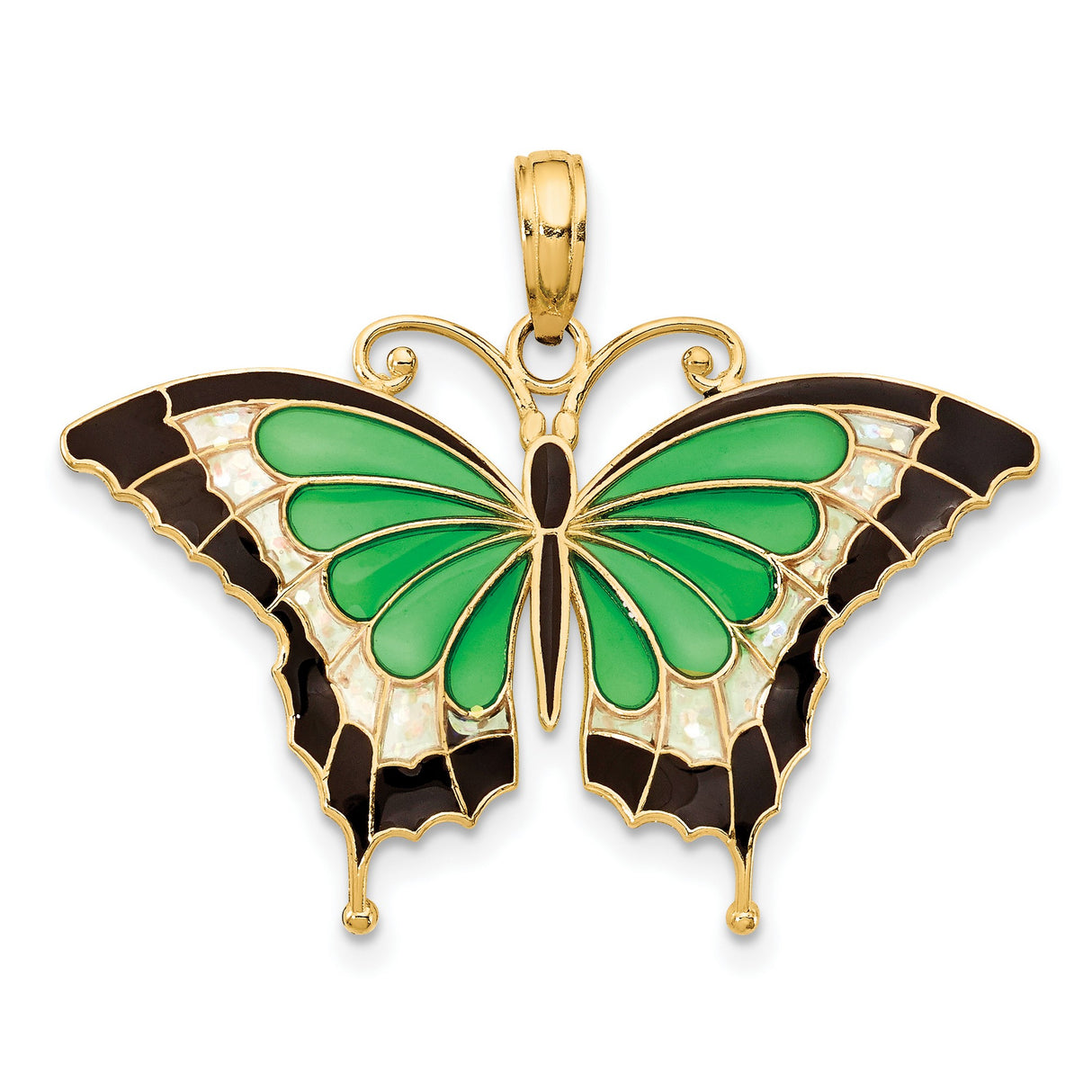 10k Yellow Gold Butterfly Pendant with Green, Black, and Iridescent Enamel Accents