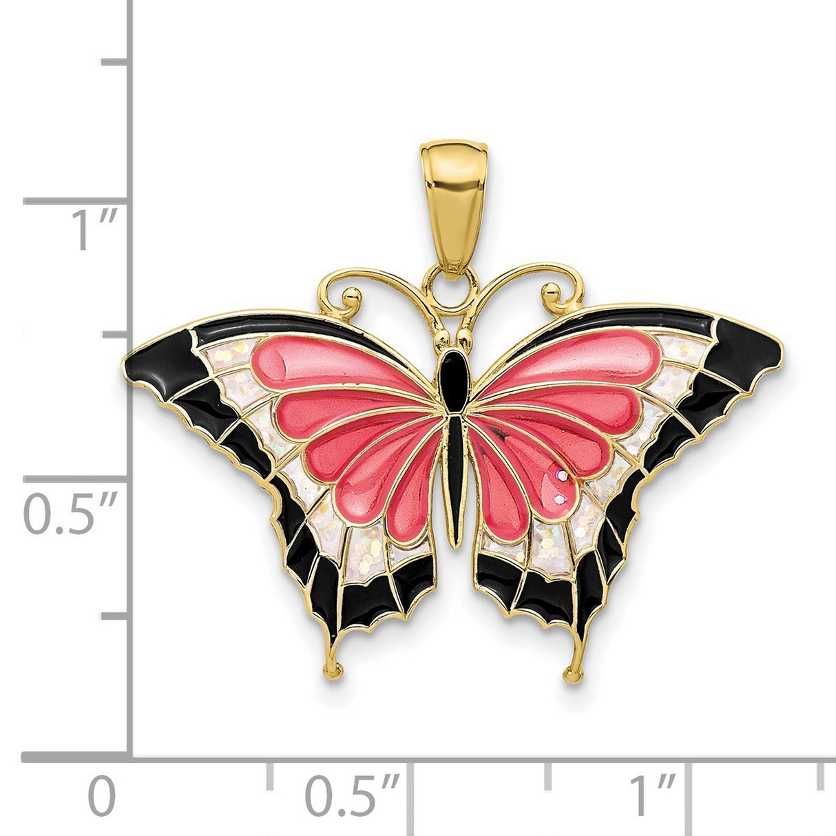10k Yellow Gold Butterfly Pendant with Pink, Black, and Iridescent Enamel Wings