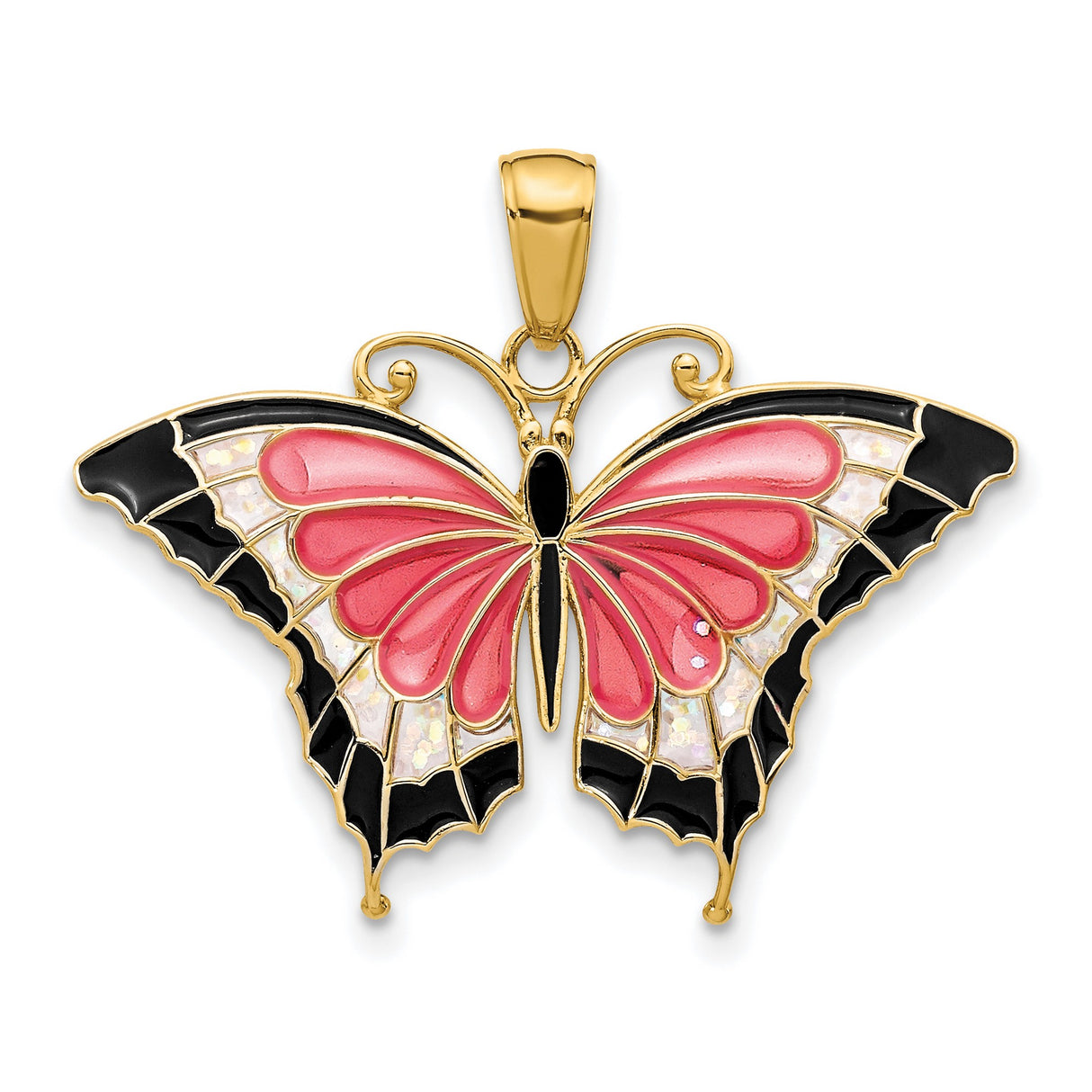 10k Yellow Gold Butterfly Pendant with Pink, Black, and Iridescent Enamel Wings