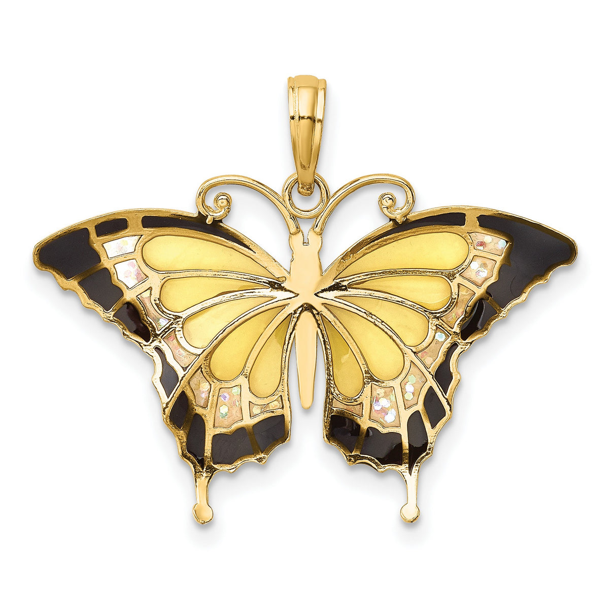 10k Yellow Gold Butterfly Pendant with Black, Yellow, and White Enamel Wings