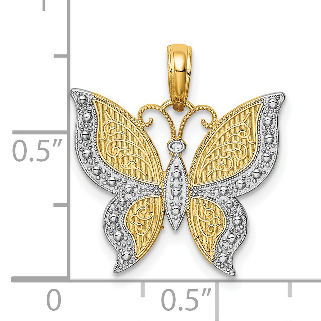 10k Multi-Tone Gold Butterfly Pendant with Rhodium Accents and Filigree Detailing