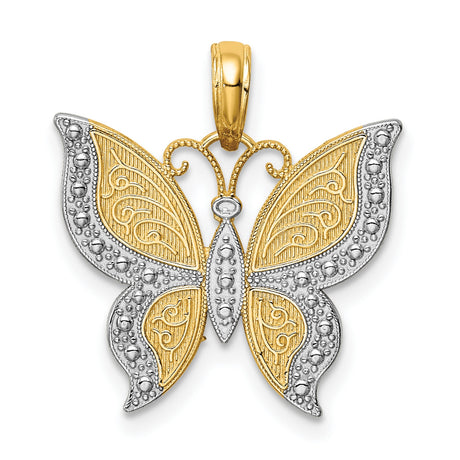 10k Multi-Tone Gold Butterfly Pendant with Rhodium Accents and Filigree Detailing