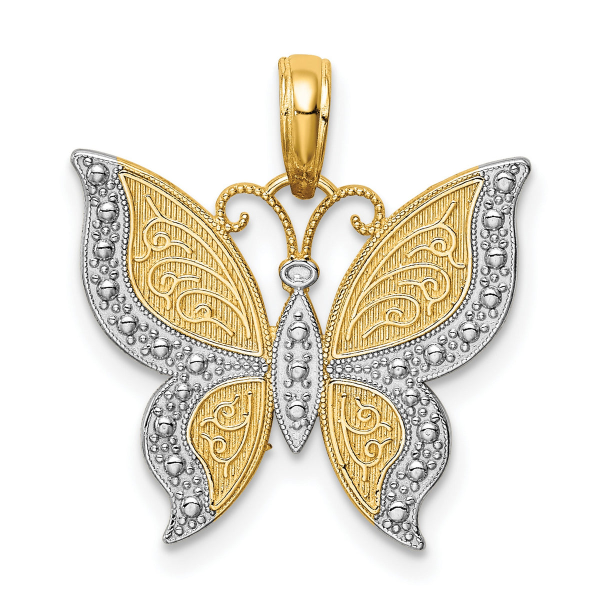 10k Multi-Tone Gold Butterfly Pendant with Rhodium Accents and Filigree Detailing