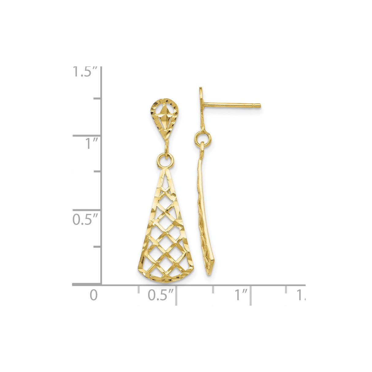 10k Yellow Gold Dangle Earrings, Geometric Openwork Teardrop with Textured Lattice Pattern