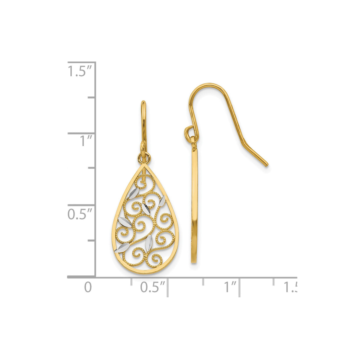 10k Yellow Gold Teardrop Filigree Earrings with Rhodium Accents, Swirl and Leaf Design