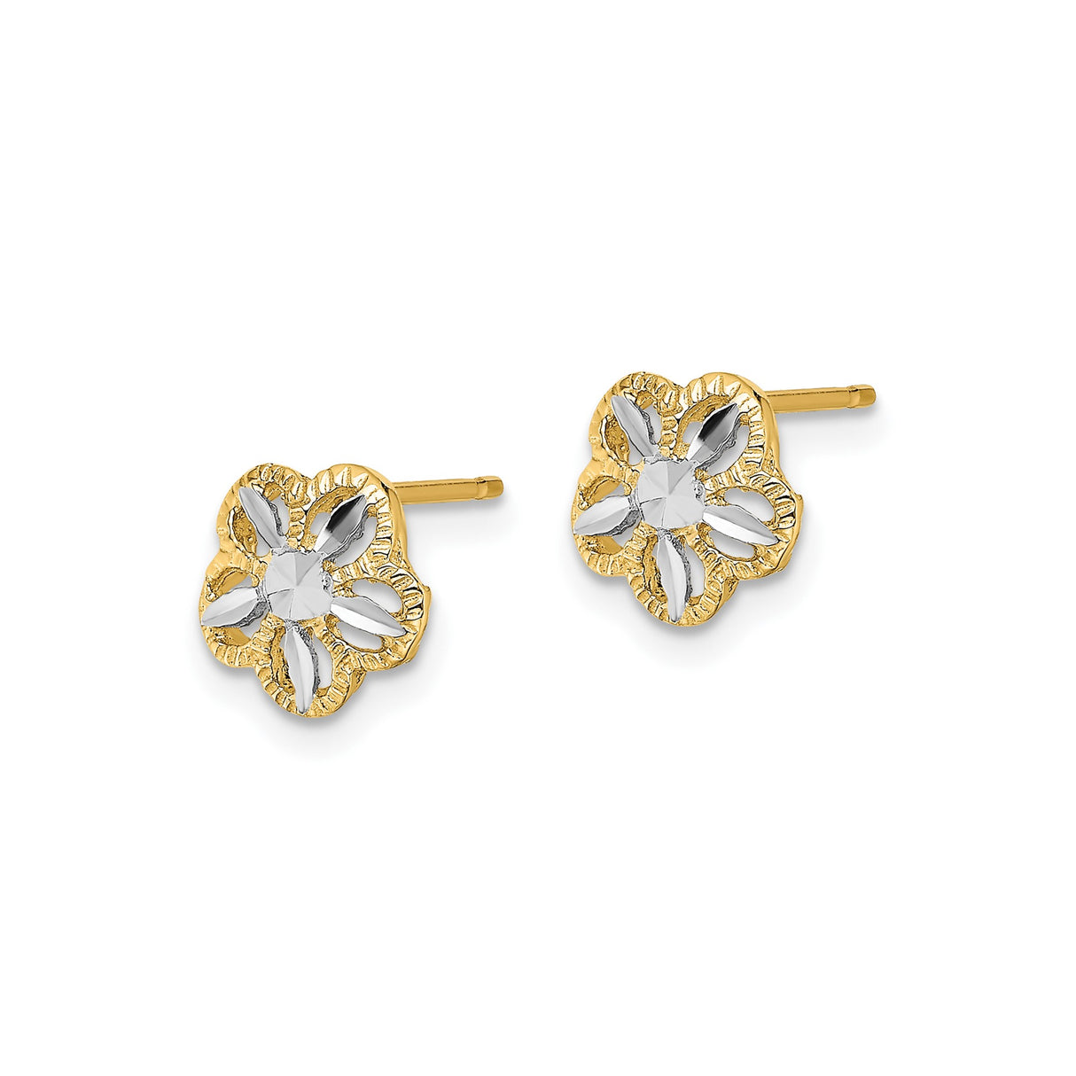 10k Yellow Gold Floral Stud Earrings with Rhodium Accent, Petal Design for Women
