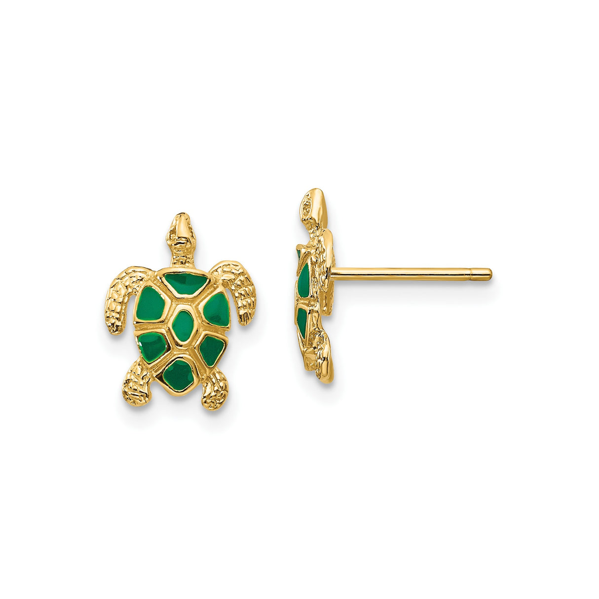 10k Yellow Gold Turtle Stud Earrings with Green Enamel Shell, Ocean-Inspired Design